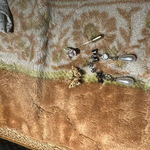 Mixed Costume Jewelry Lot - Gold Butterfly, Pearl Drop Earrings, Pink Flower Pin